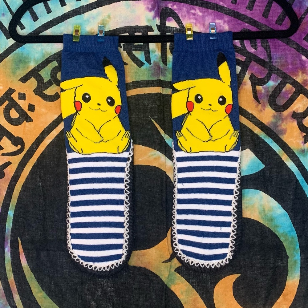 Pikachu Slipper Socks by Pokémon Non-Slip Blue/White Striped Size L